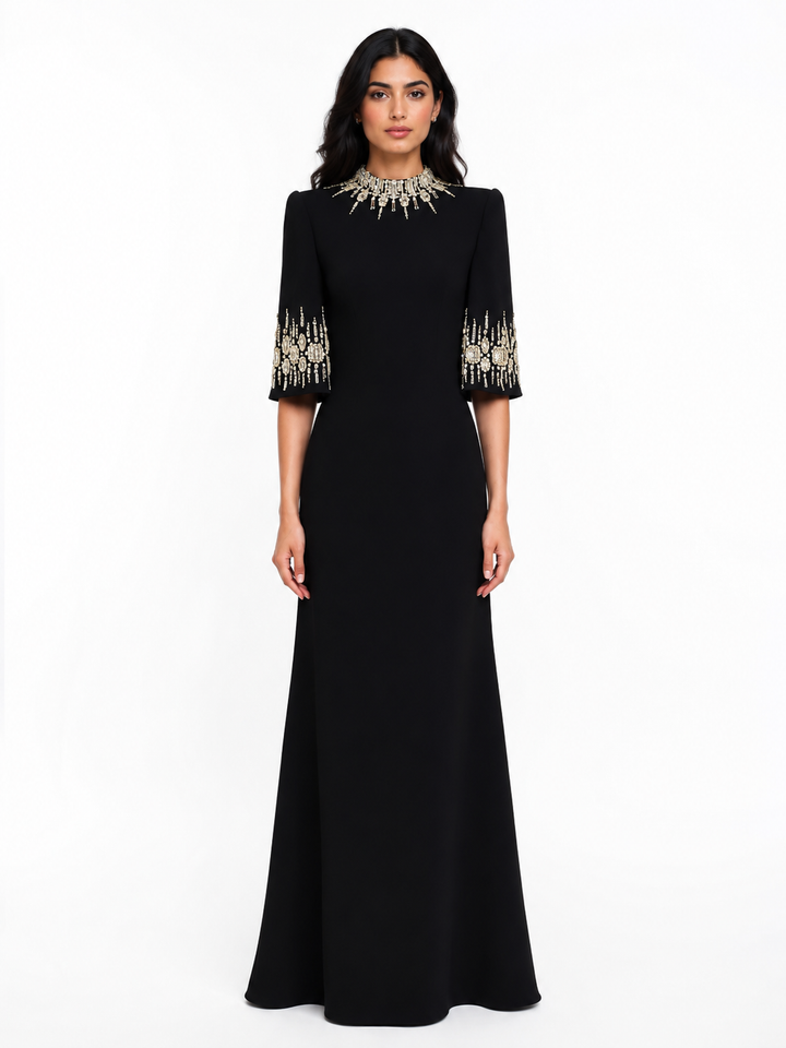 Embellished Neckline and Cuff Column Evening Dress – BLUSH