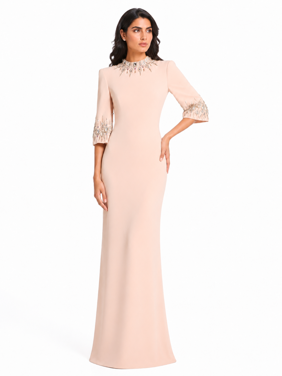 Embellished Neckline and Cuff Column Evening Dress – BLUSH