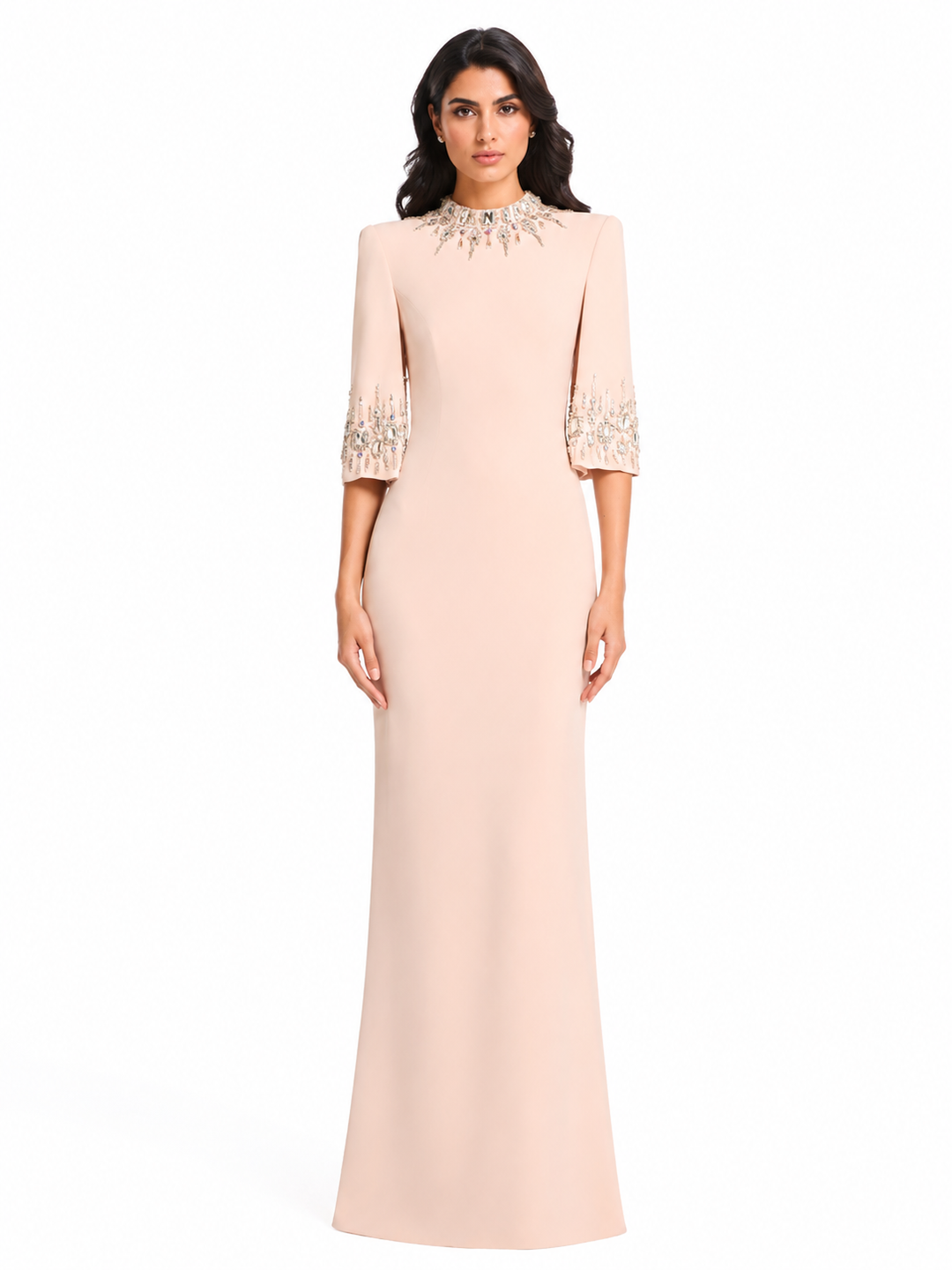Embellished Neckline and Cuff Column Evening Dress – BLUSH