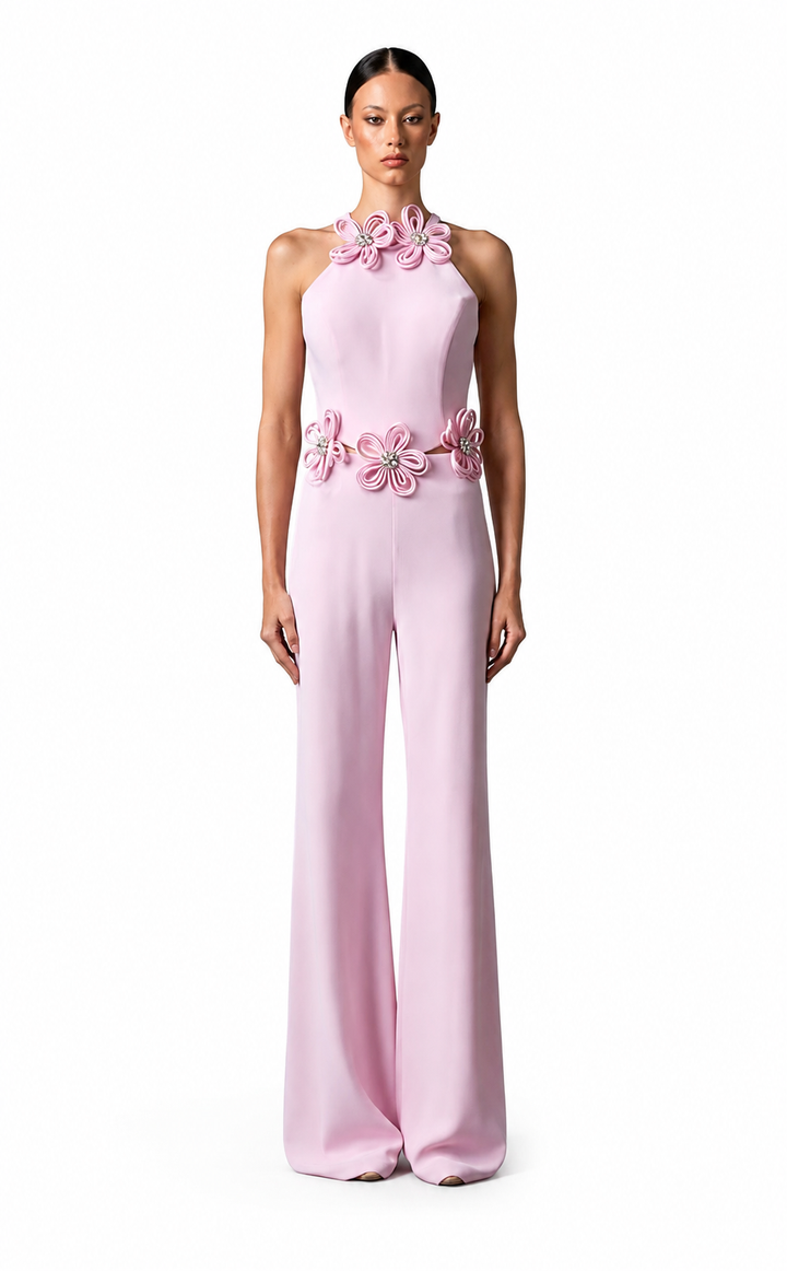 Elegant Floral Halter Jumpsuit with Wide-Leg Pants- FILYA
