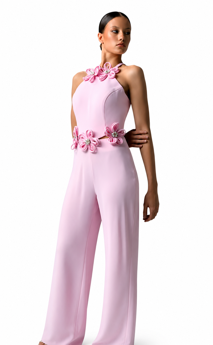 Elegant Floral Halter Jumpsuit with Wide-Leg Pants- FILYA
