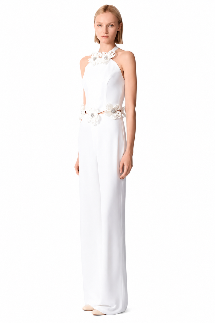 Elegant Floral Halter Jumpsuit with Wide-Leg Pants- FILYA