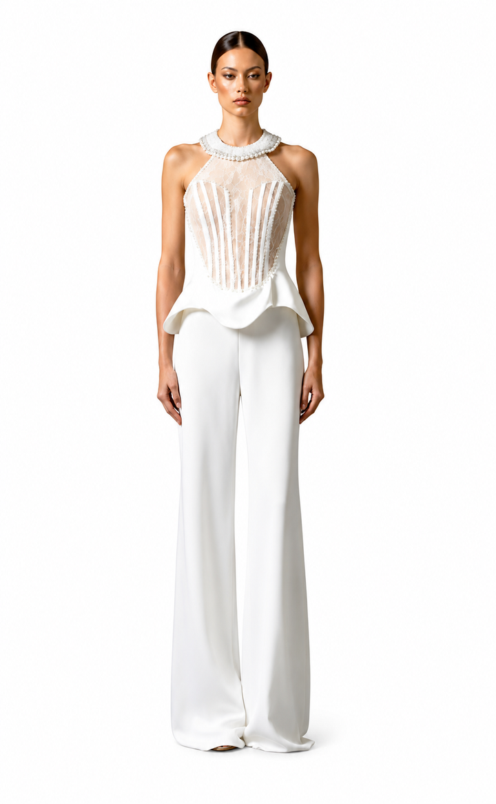 Luxury Embellished Peplum Jumpsuit with Wide-Leg Pants - DILYA