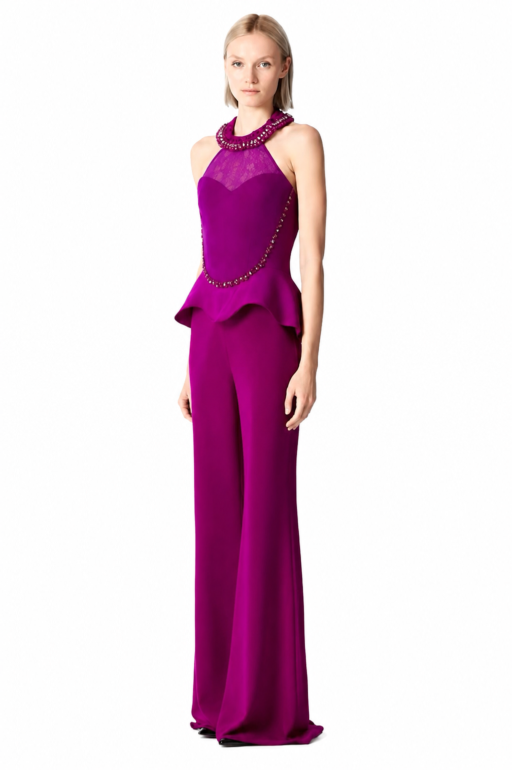 Luxury Embellished Peplum Jumpsuit with Wide-Leg Pants - DILYA