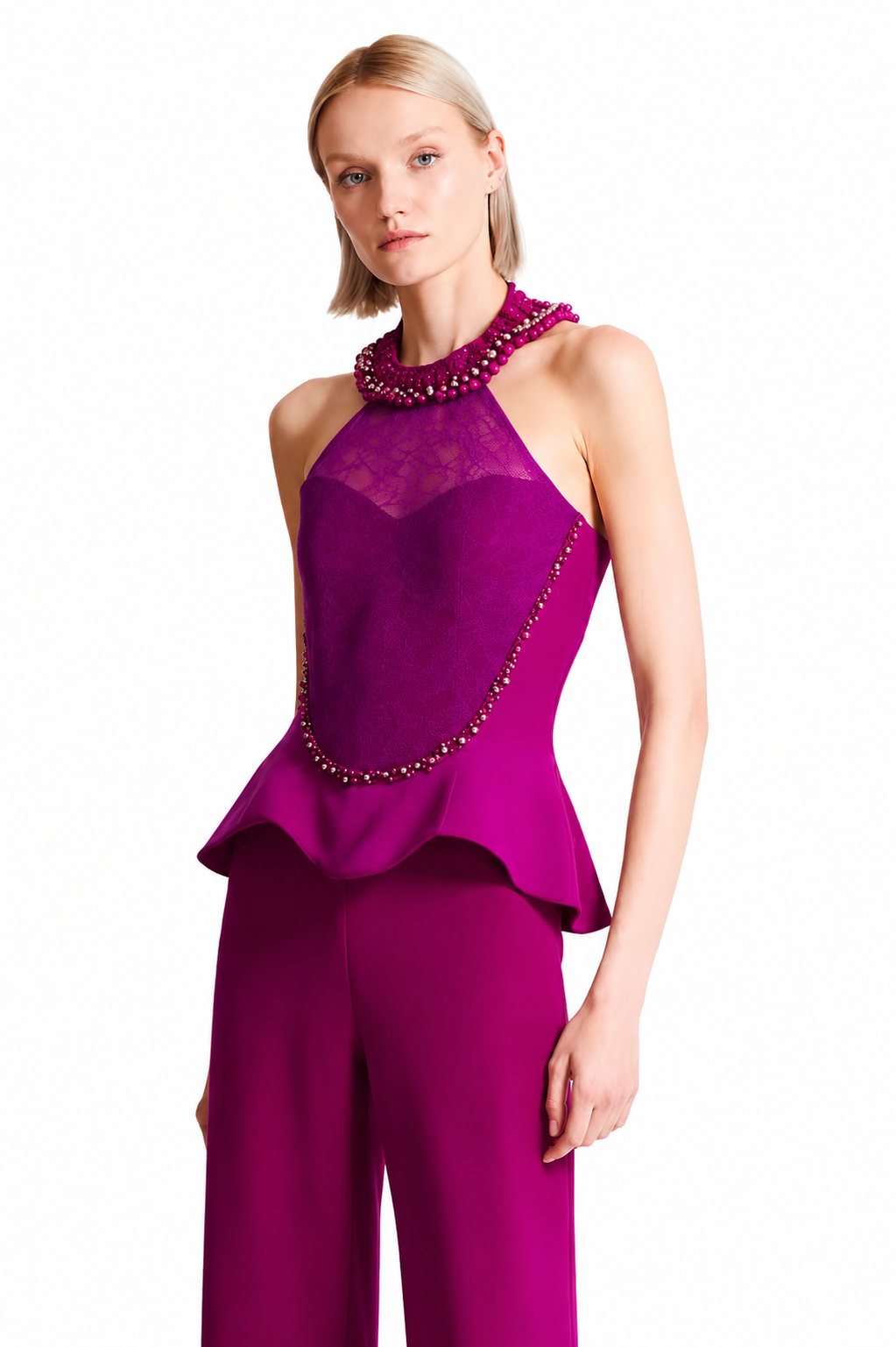 Luxury Embellished Peplum Jumpsuit with Wide-Leg Pants - DILYA