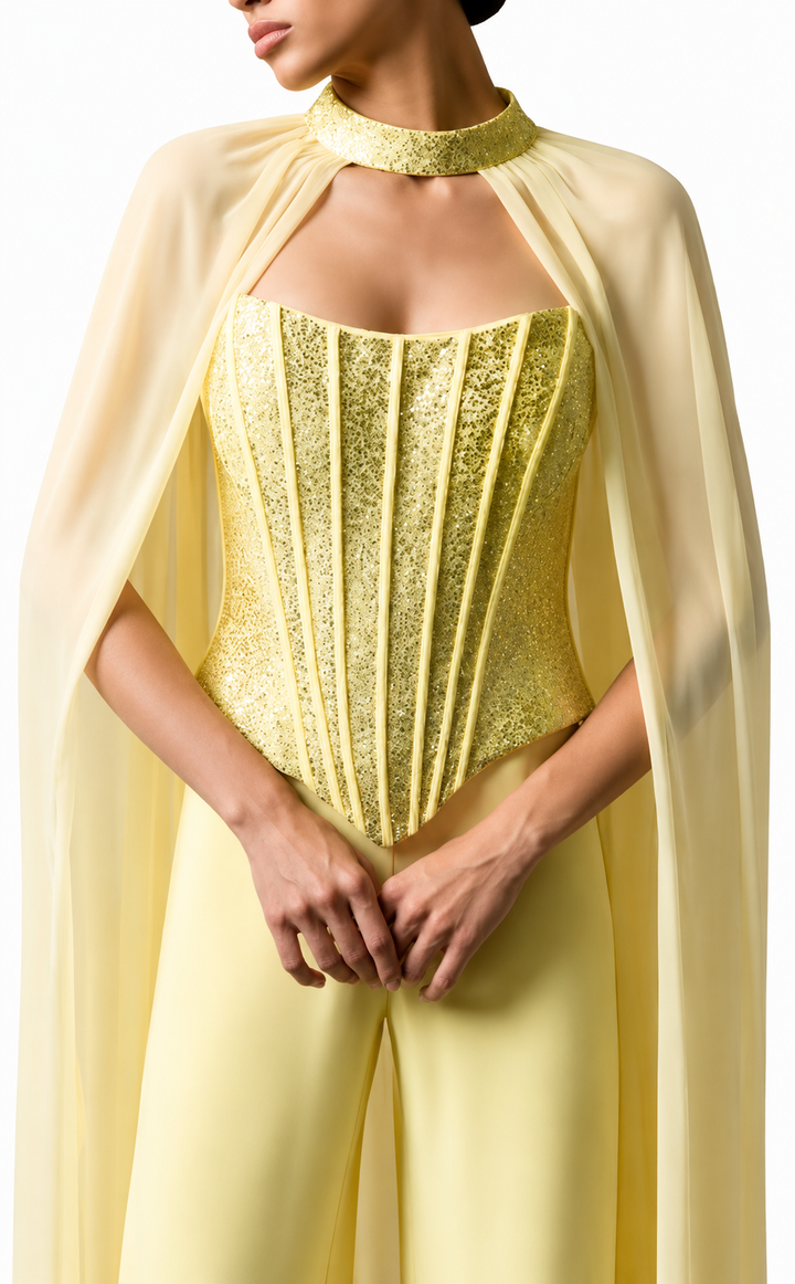 Luxurious Corset Jumpsuit with Sheer Cap Sleeves - FILYA