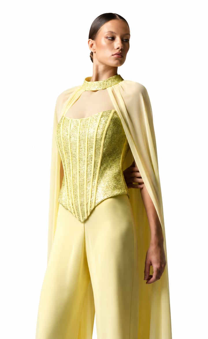 Luxurious Corset Jumpsuit with Sheer Cap Sleeves - FILYA