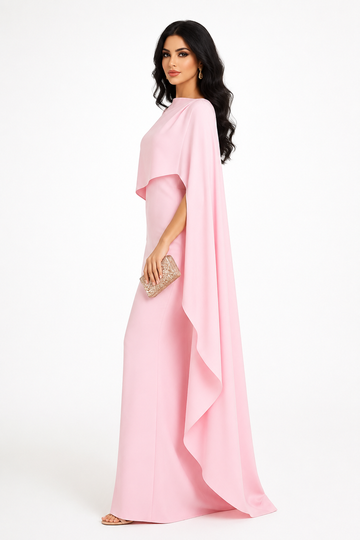 Asymmetric Cape Maxi Dress - Blush