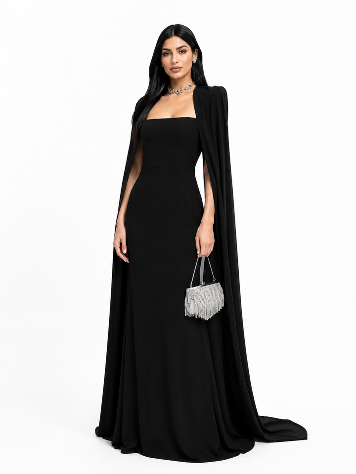 square-neck column gown with floor-length cape – Tiamat