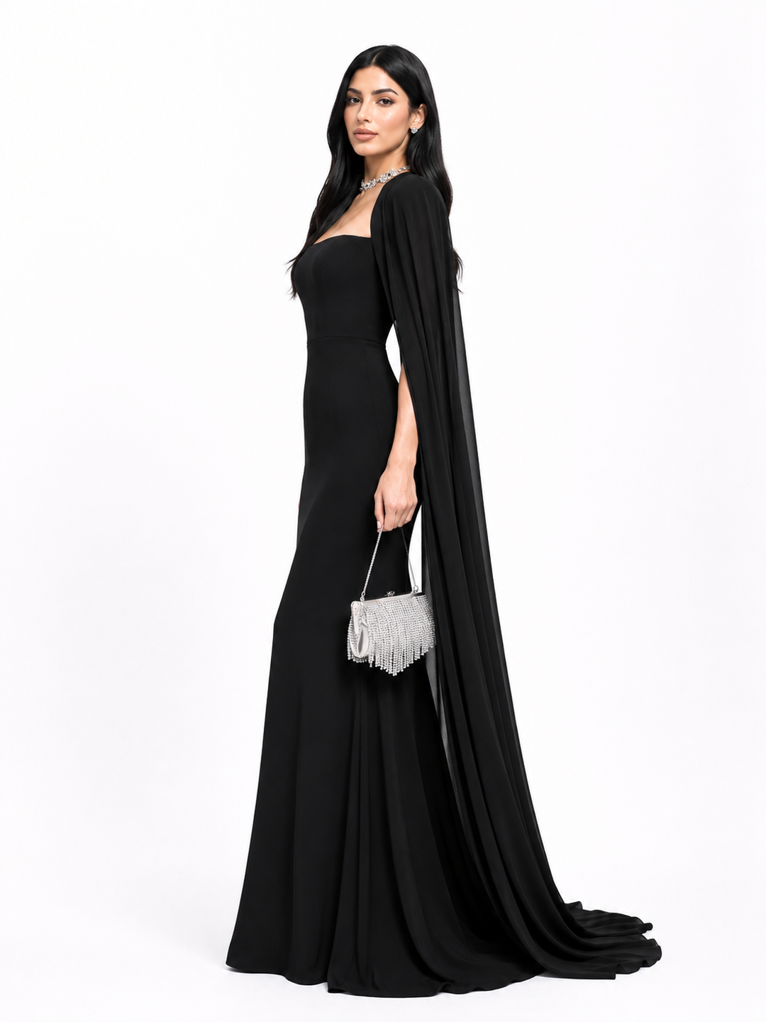 square-neck column gown with floor-length cape – Tiamat