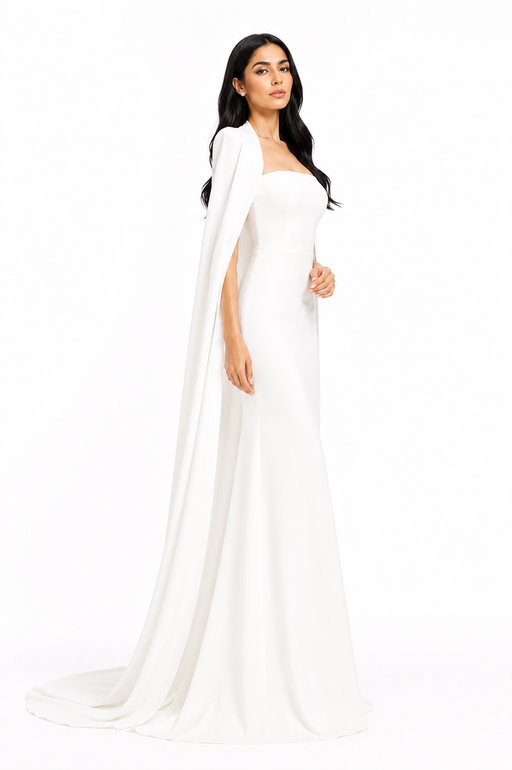 square-neck column gown with floor-length cape – Tiamat