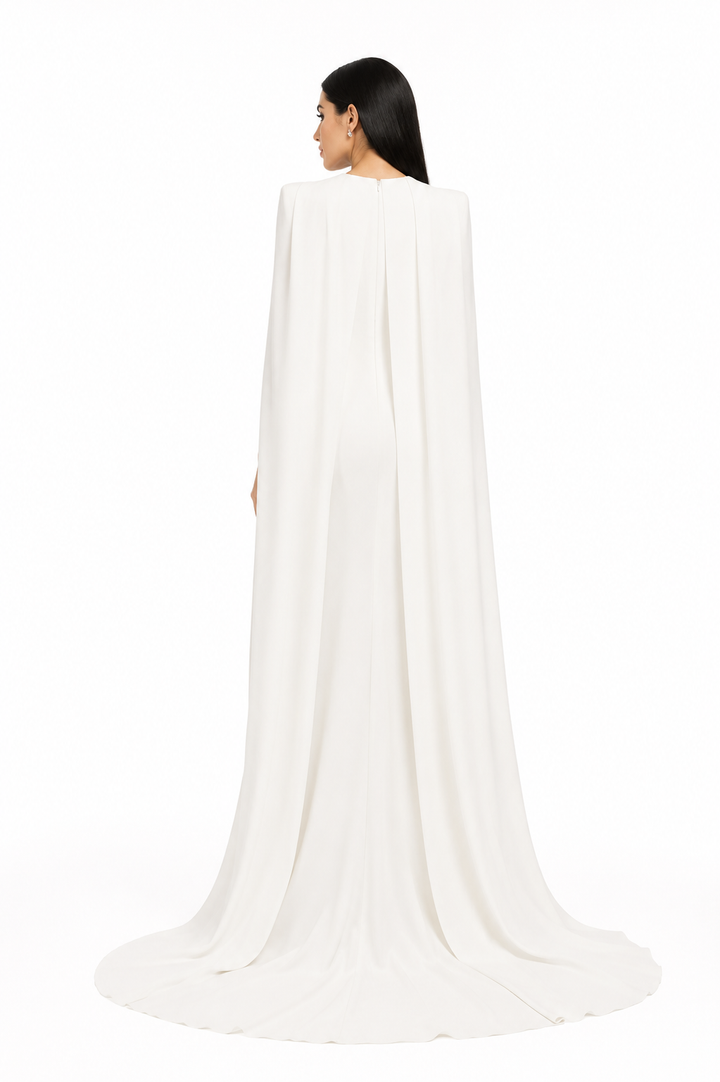 square-neck column gown with floor-length cape – Tiamat