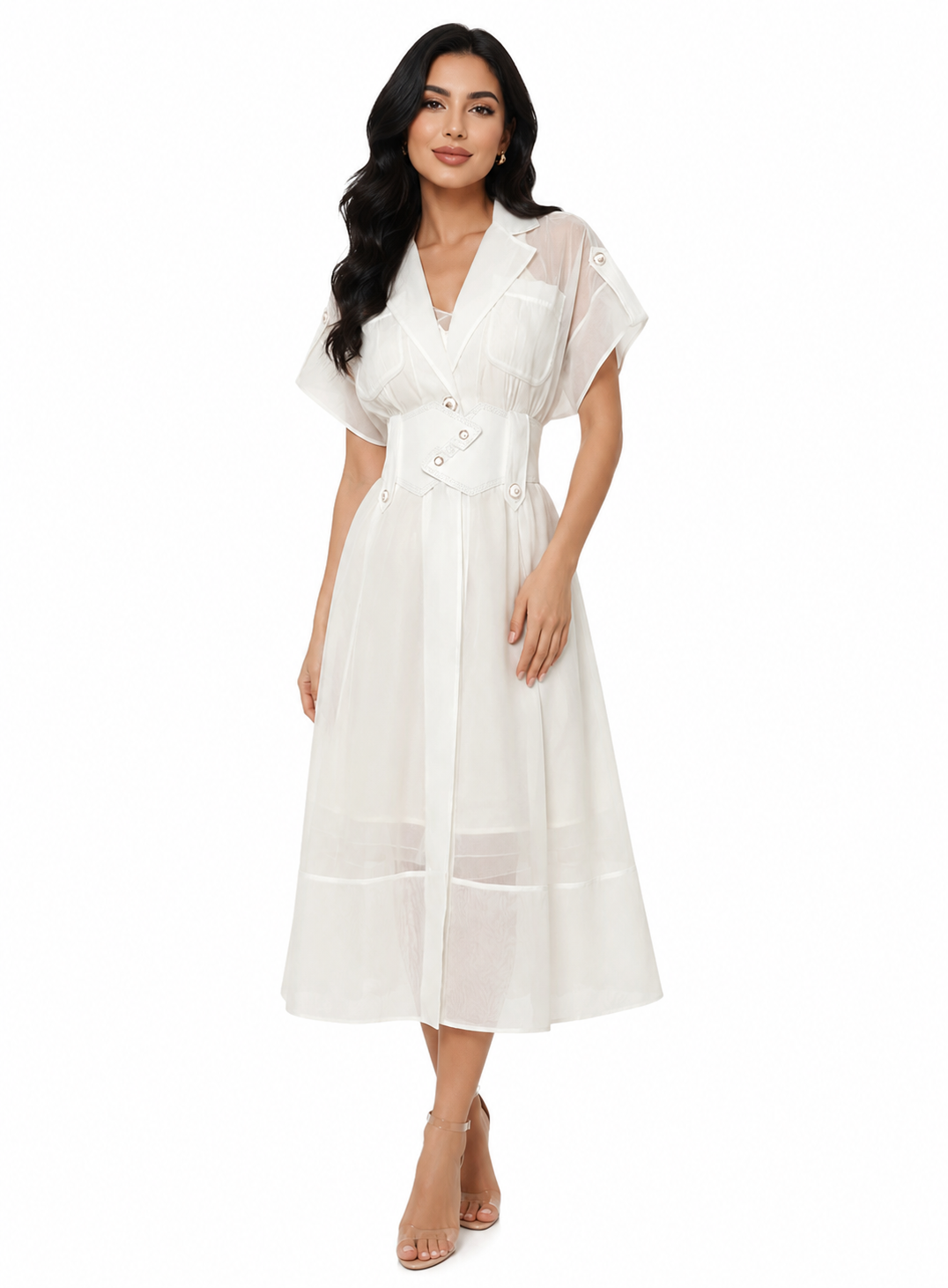 belted sheer midi dress with wide lapels – Edyva