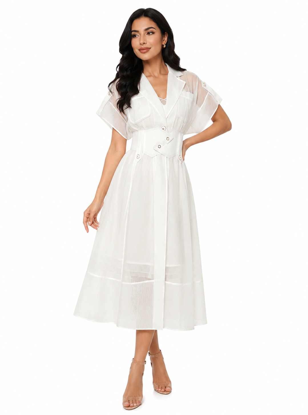 belted sheer midi dress with wide lapels – Edyva