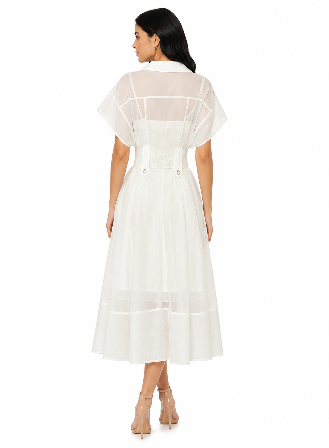 belted sheer midi dress with wide lapels – Edyva