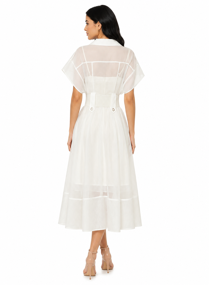 belted sheer midi dress with wide lapels – Edyva