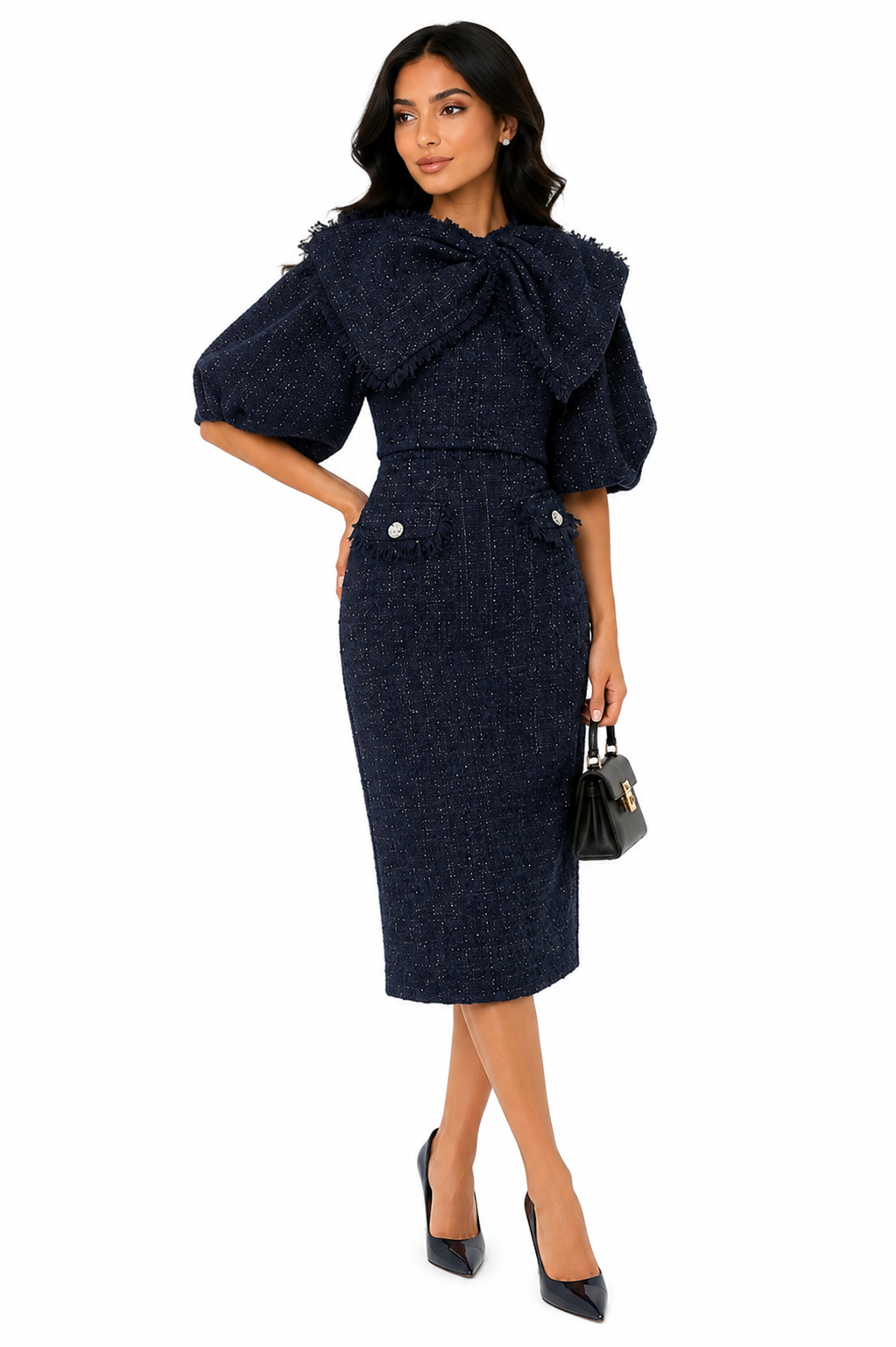tweed midi dress with bow collar – Eriella