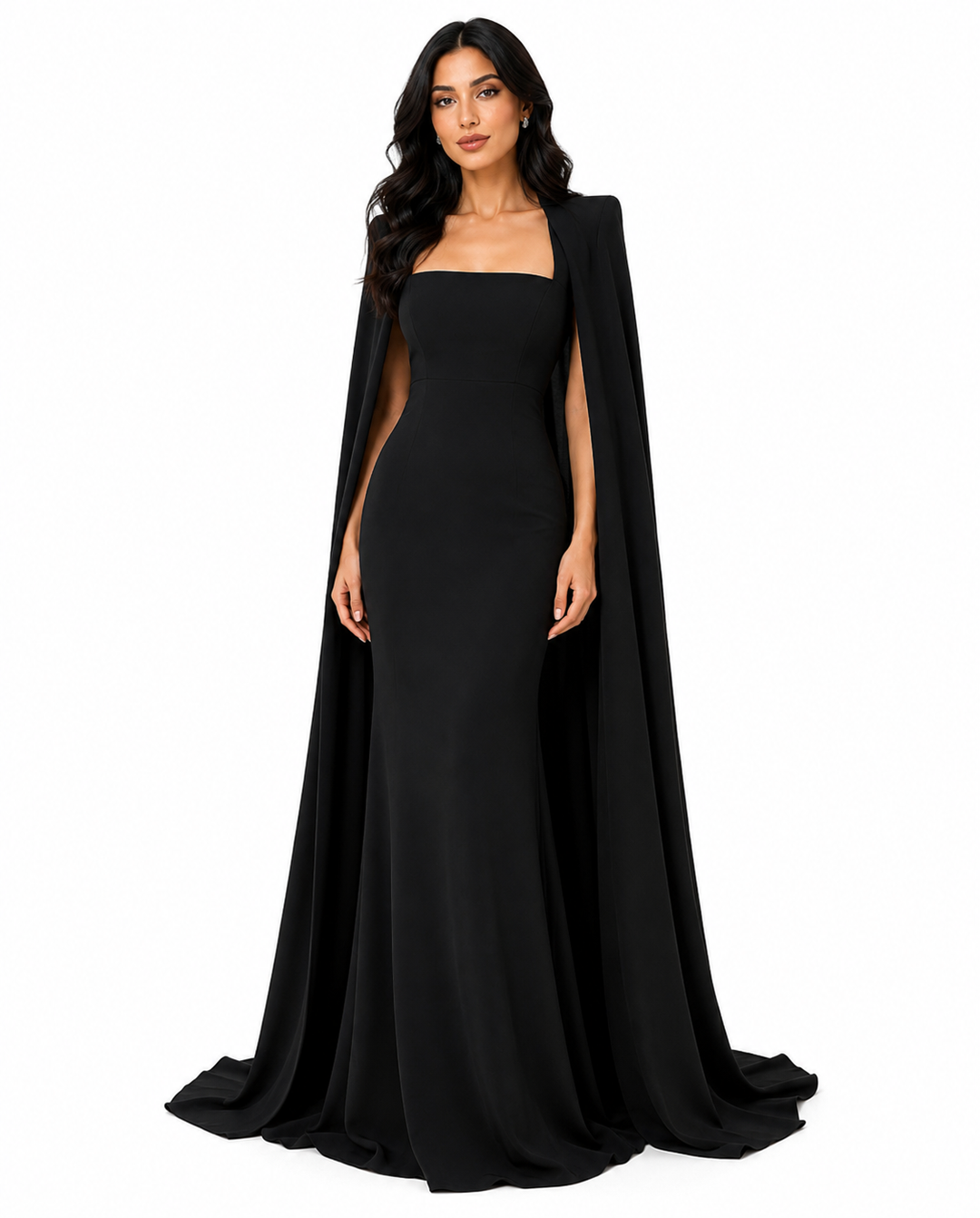 square-neck column gown with floor-length cape – Tiamat