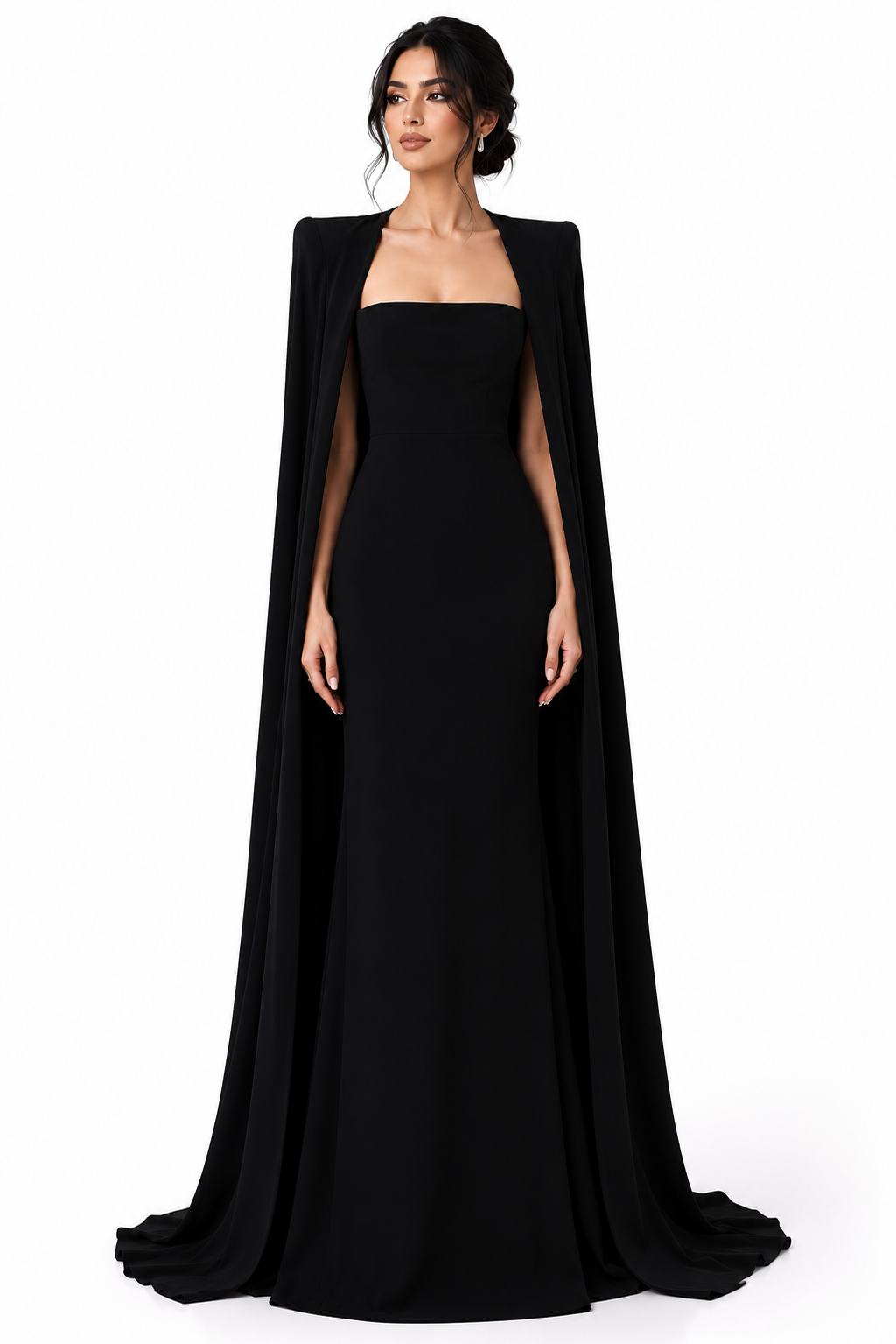 square-neck column gown with floor-length cape – Tiamat
