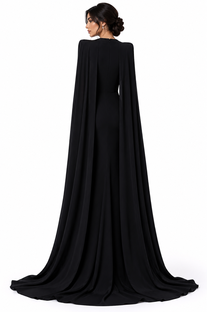 square-neck column gown with floor-length cape – Tiamat