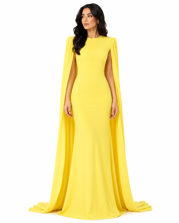 sleeveless column gown with floor-length cape – Tianna