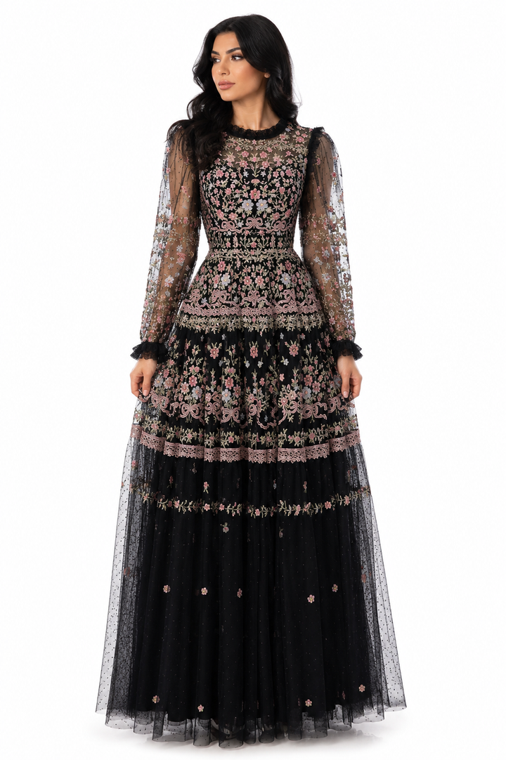 sheer embroidered tulle gown with floral motifs – Fikwesd