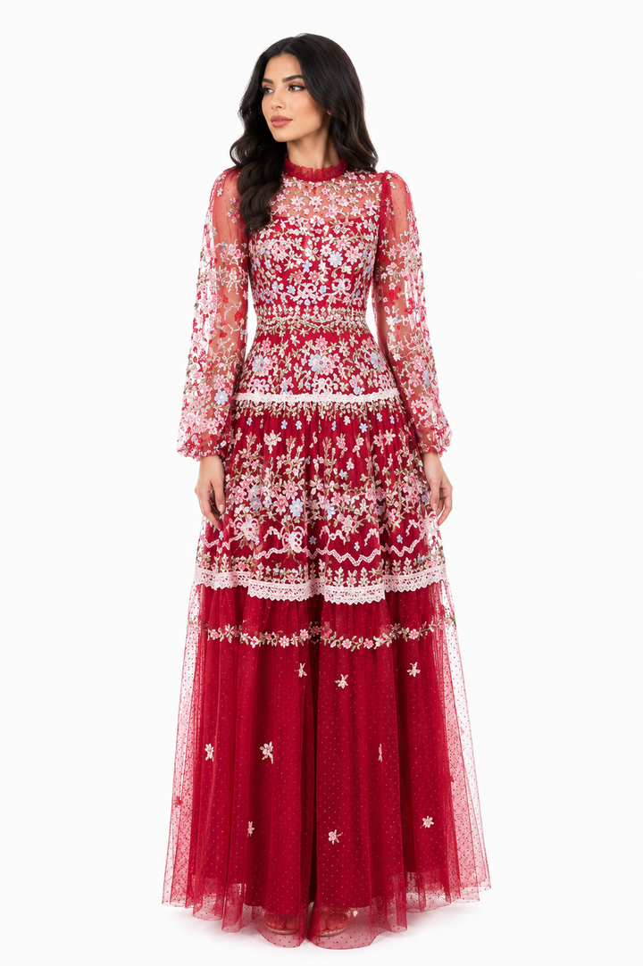 sheer embroidered tulle gown with floral motifs – Fikwesd