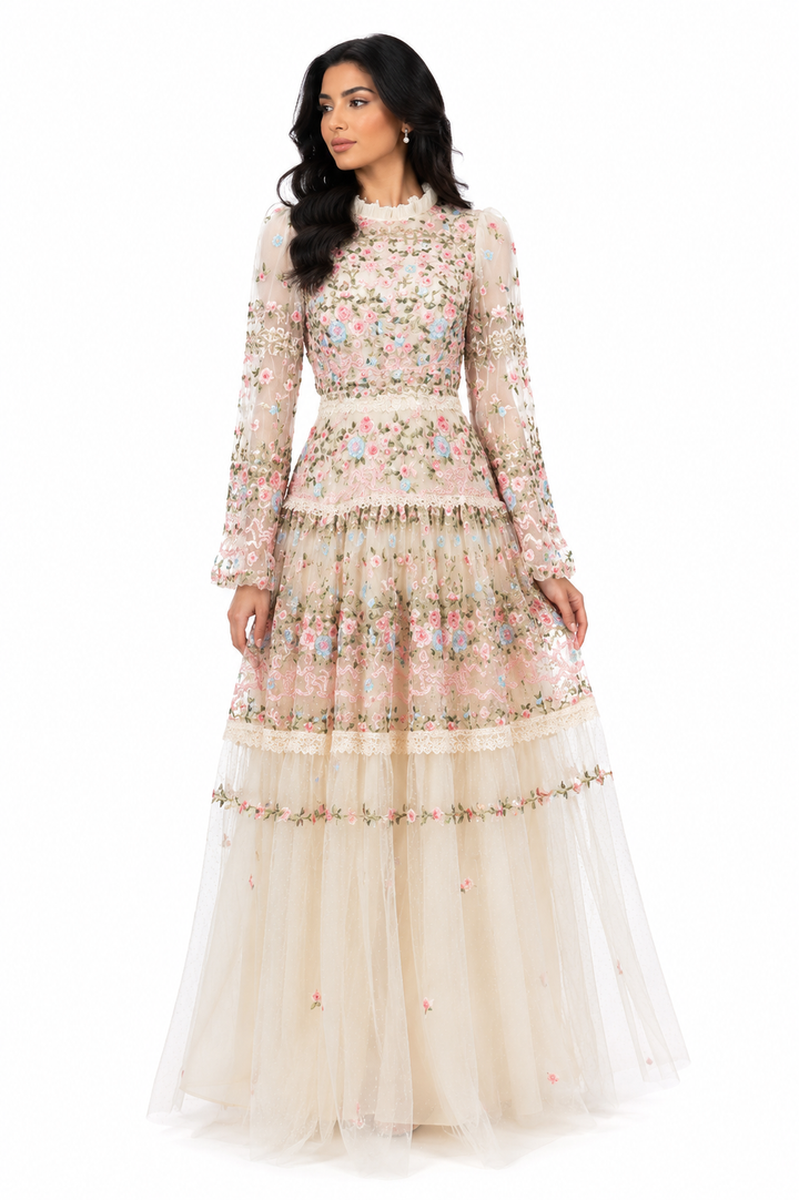 sheer embroidered tulle gown with floral motifs – Fikwesd