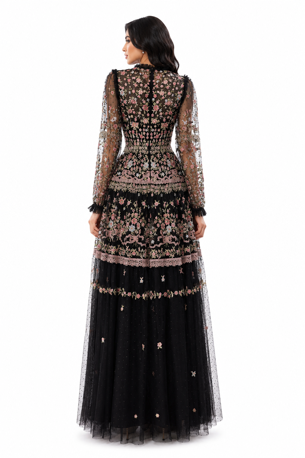 sheer embroidered tulle gown with floral motifs – Fikwesd