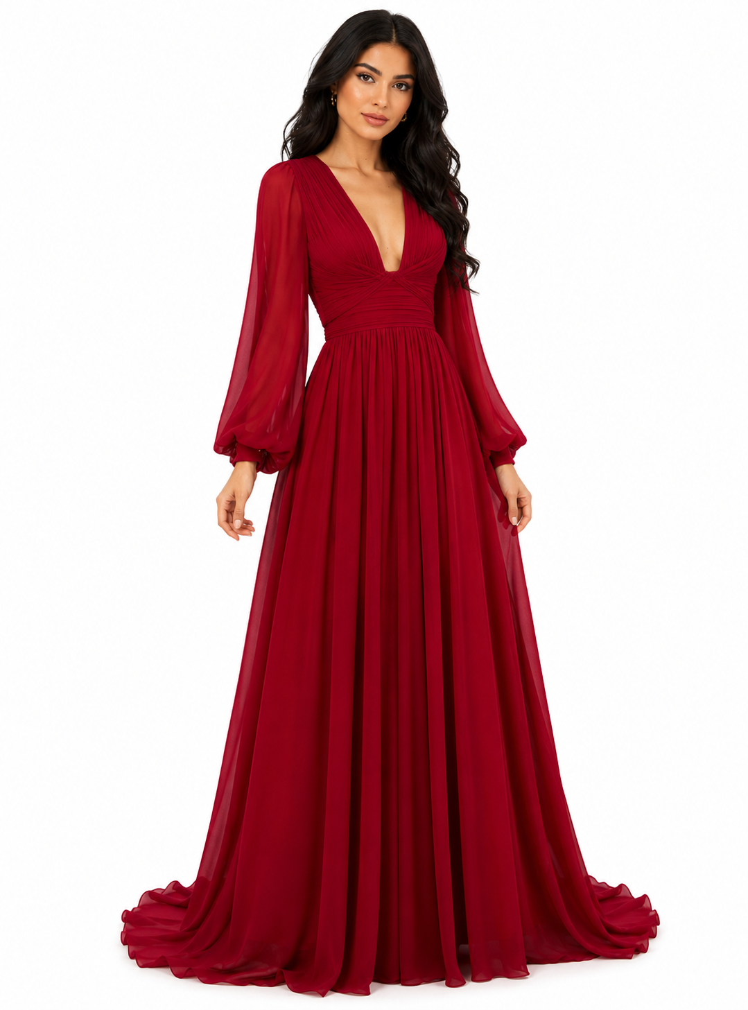 deep V-neck chiffon gown with bishop sleeves – Tessi