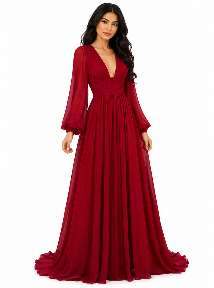 deep V-neck chiffon gown with bishop sleeves – Tessi