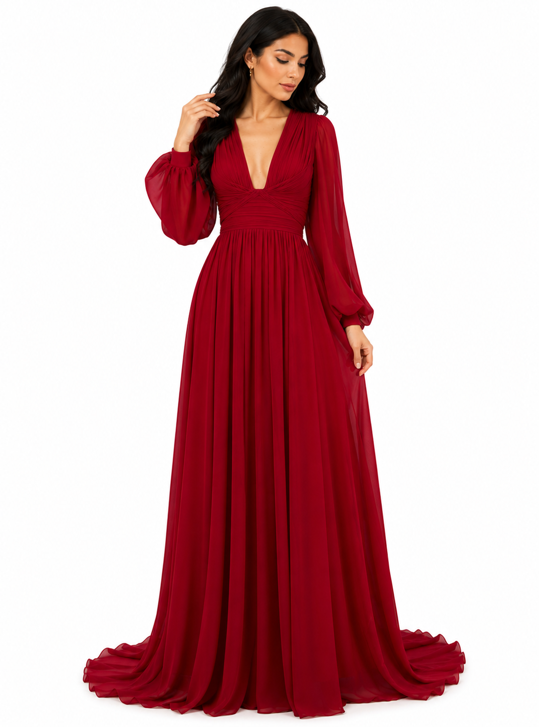 deep V-neck chiffon gown with bishop sleeves – Tessi