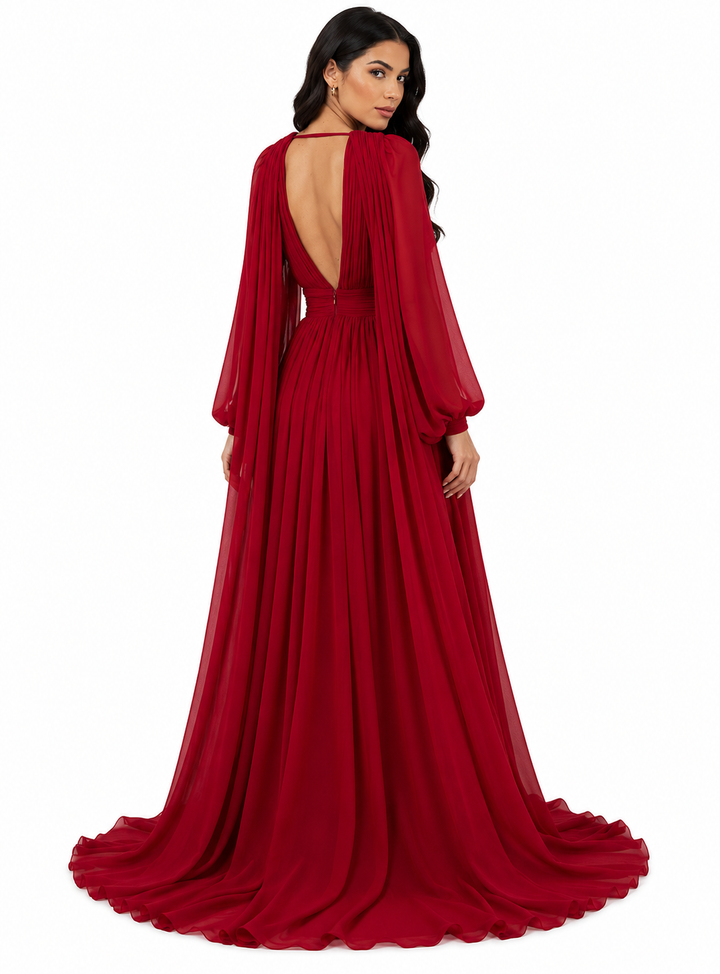 deep V-neck chiffon gown with bishop sleeves – Tessi