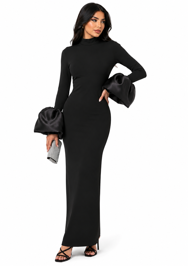 High-neck gown with oversized satin cuffs – Gioconda