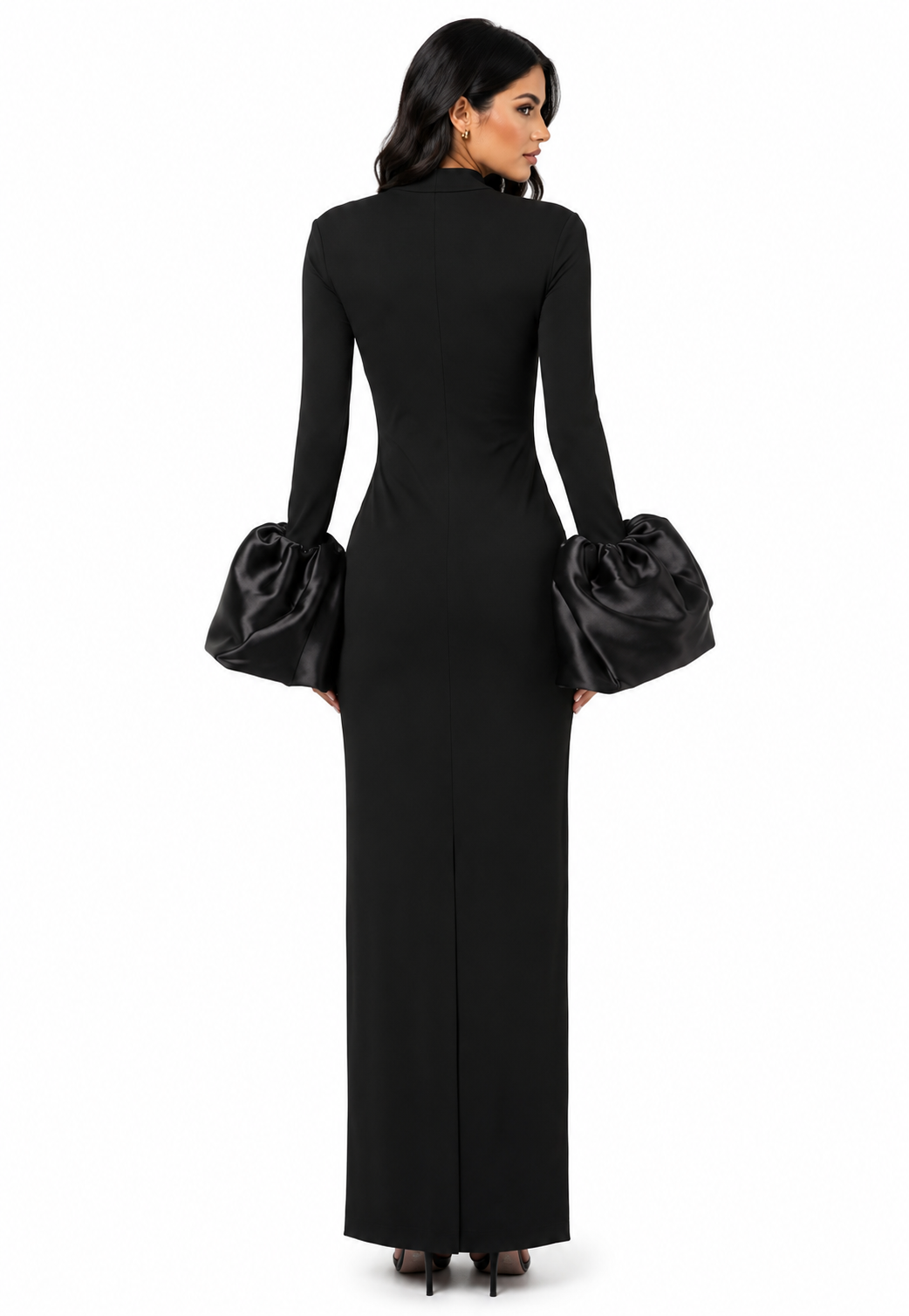 High-neck gown with oversized satin cuffs – Gioconda