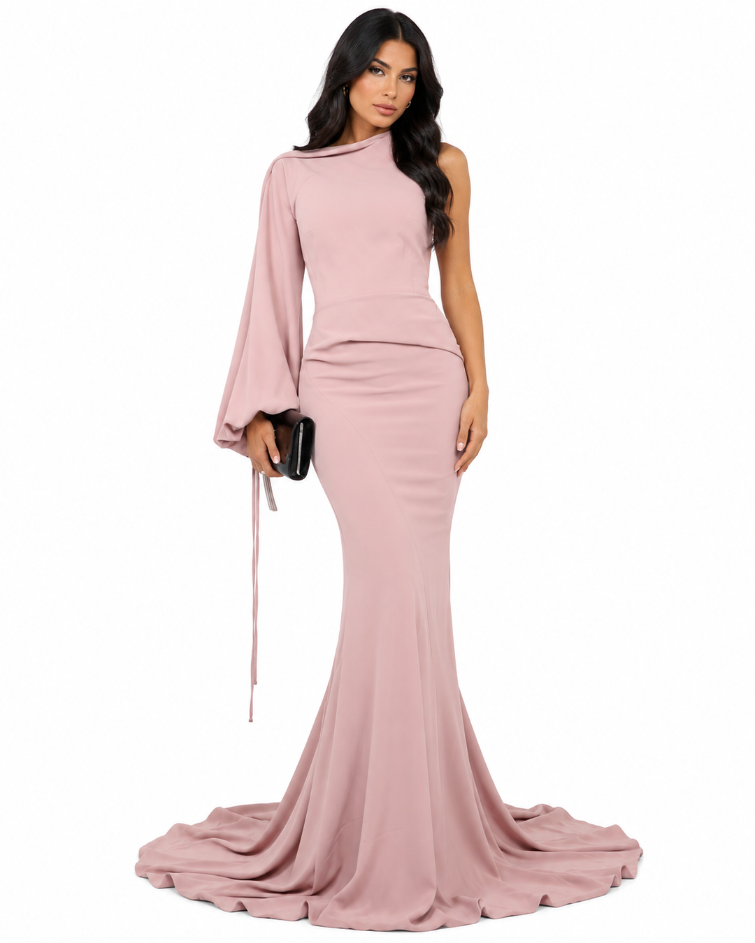 one-shoulder draped-sleeve gown – Loras