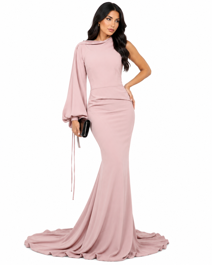 one-shoulder draped-sleeve gown – Loras