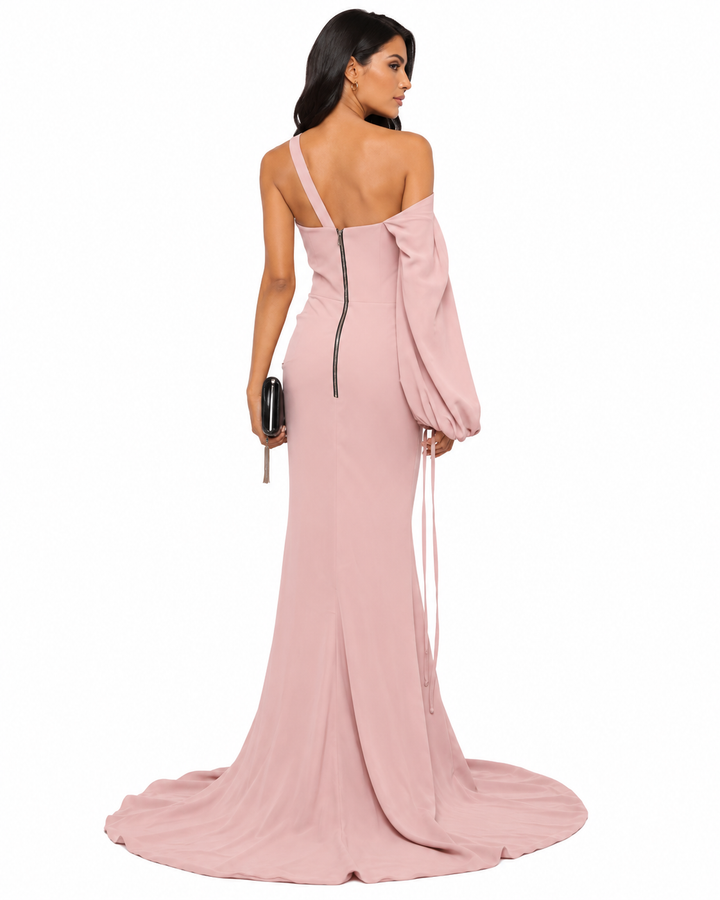 one-shoulder draped-sleeve gown – Loras