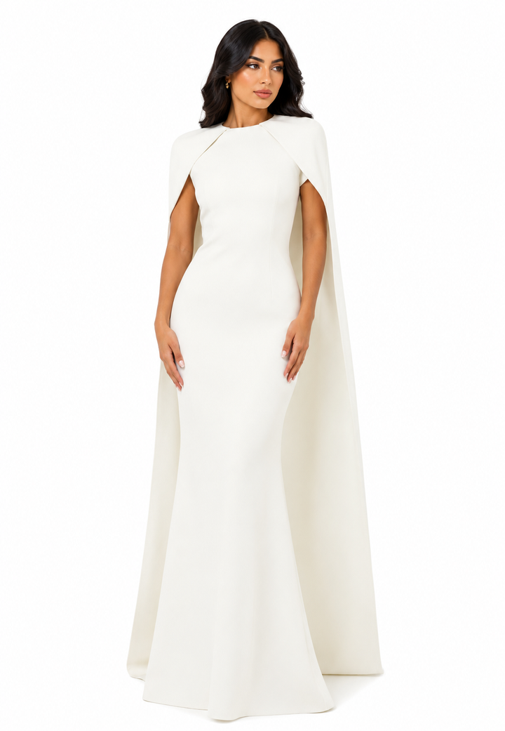 cape-sleeve column gown in ivory – Thuna