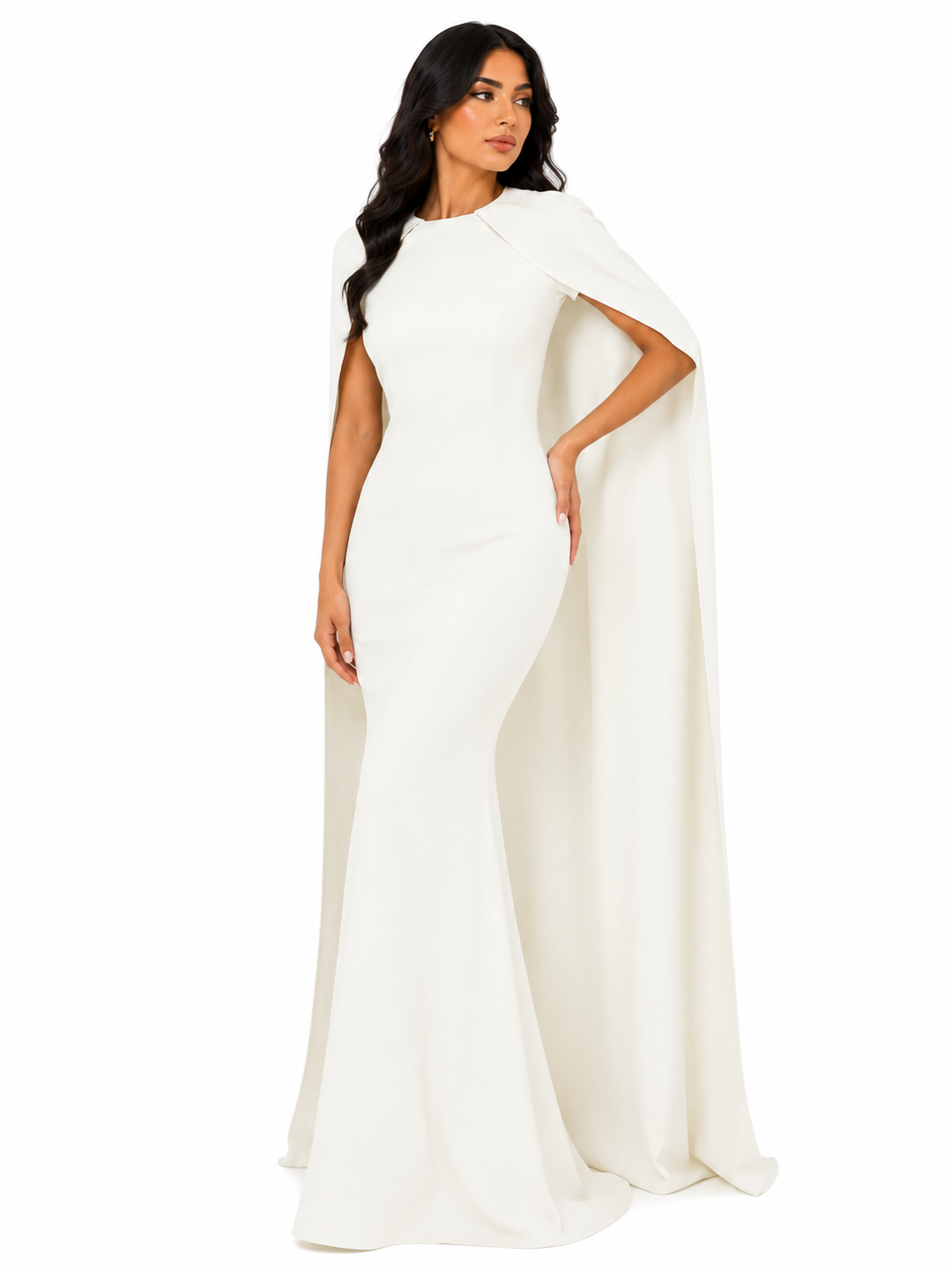 cape-sleeve column gown in ivory – Thuna