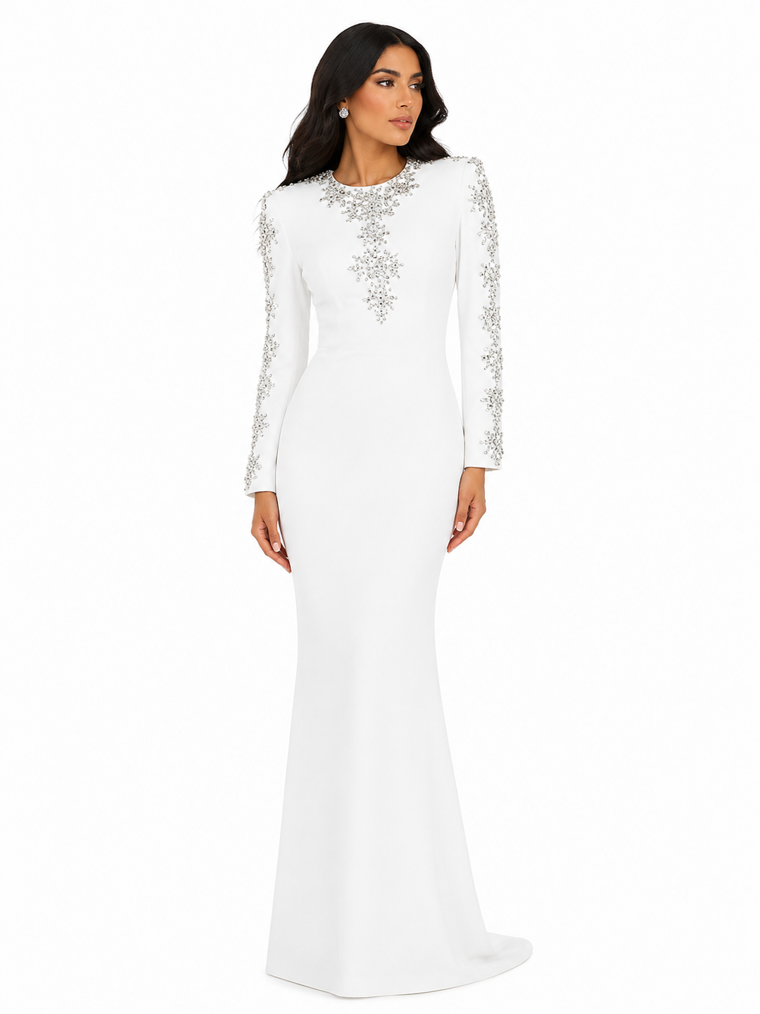 Embellished long-sleeve gown with fitted silhouette – Ziarre