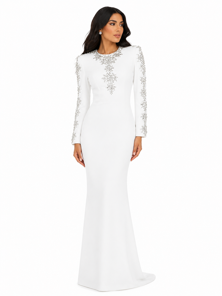 Embellished long-sleeve gown with fitted silhouette – Ziarre