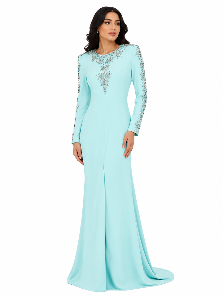 Embellished long-sleeve gown with fitted silhouette – Ziarre