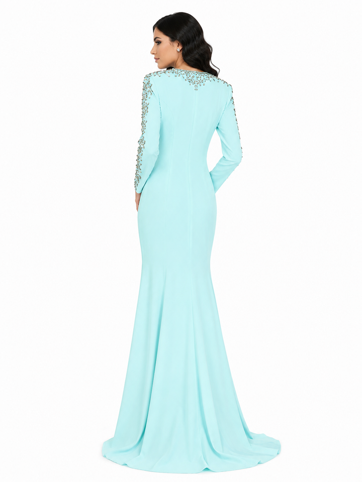 Embellished long-sleeve gown with fitted silhouette – Ziarre