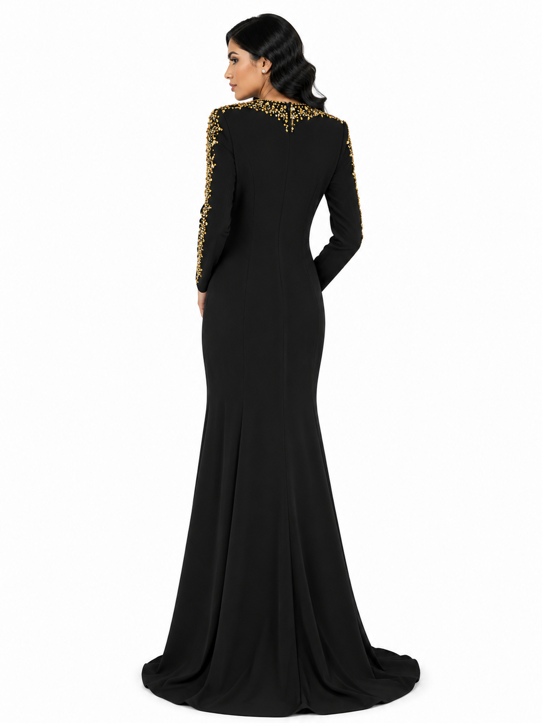 Embellished long-sleeve gown with fitted silhouette – Ziarre
