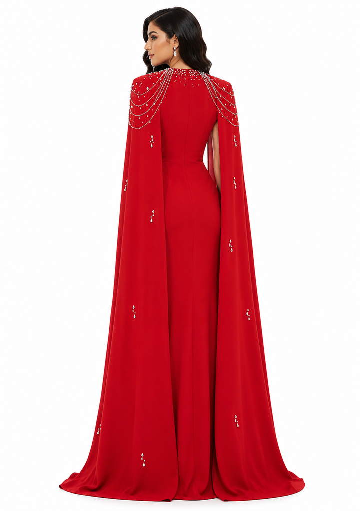 embellished column dress with shoulder cape - Nomalh