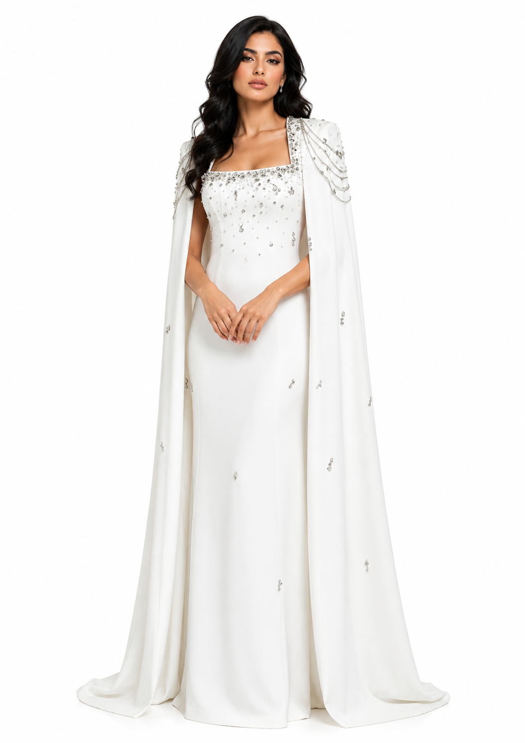 embellished column dress with shoulder cape - Nomalh