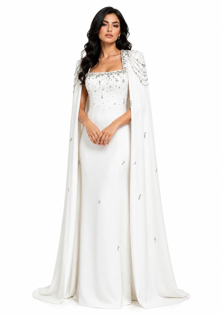embellished column dress with shoulder cape - Nomalh