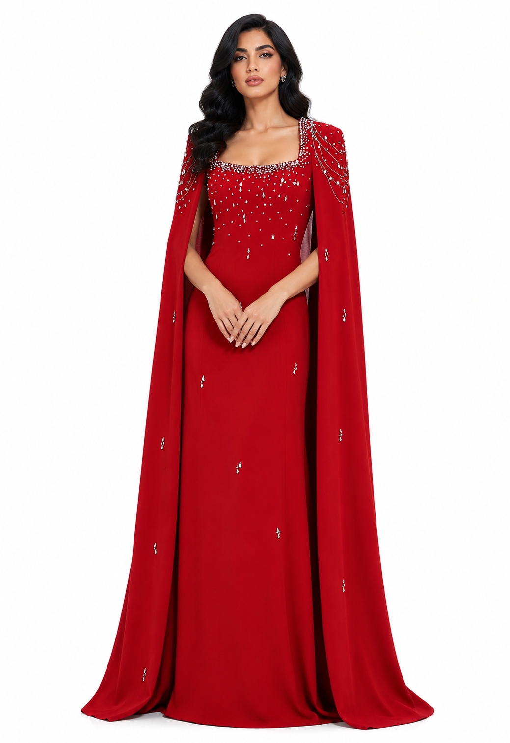 embellished column dress with shoulder cape - Nomalh