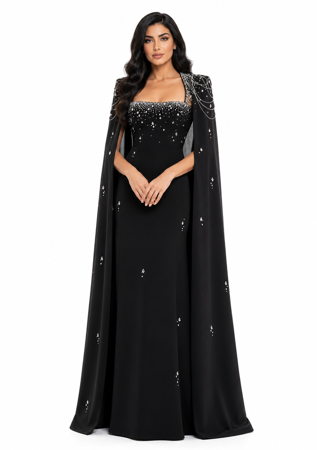 embellished column dress with shoulder cape - Nomalh